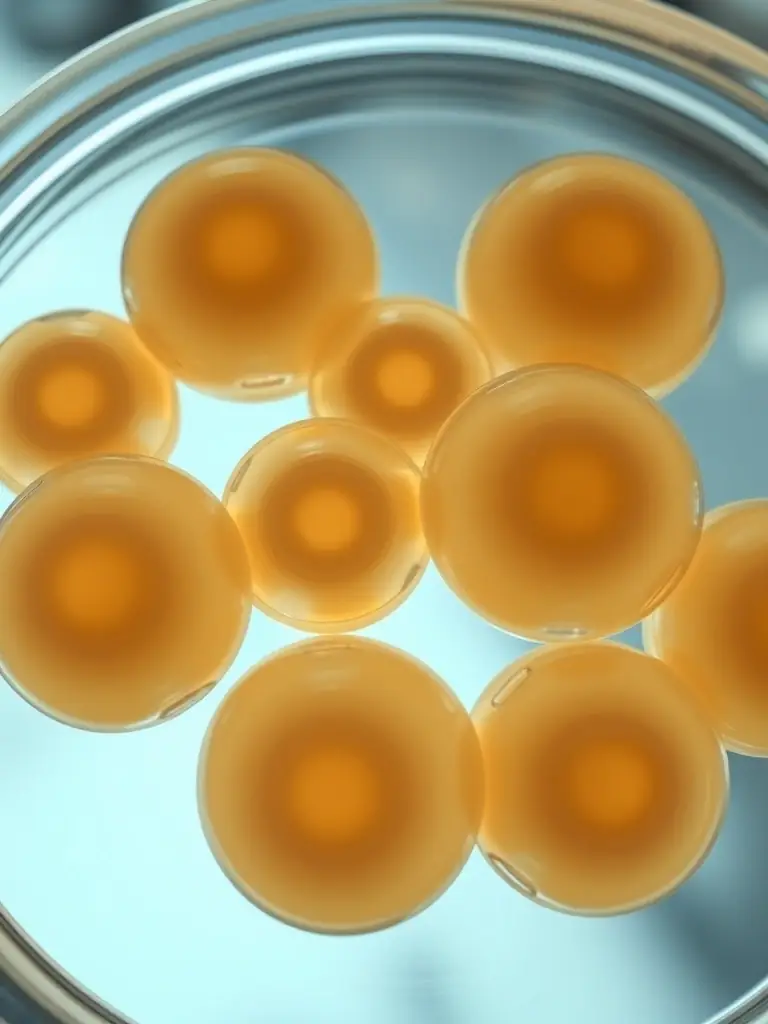 A close-up shot of mature MII oocytes in a petri dish, clearly showing their quality and quantity, highlighting the guaranteed minimum number of oocytes per batch.