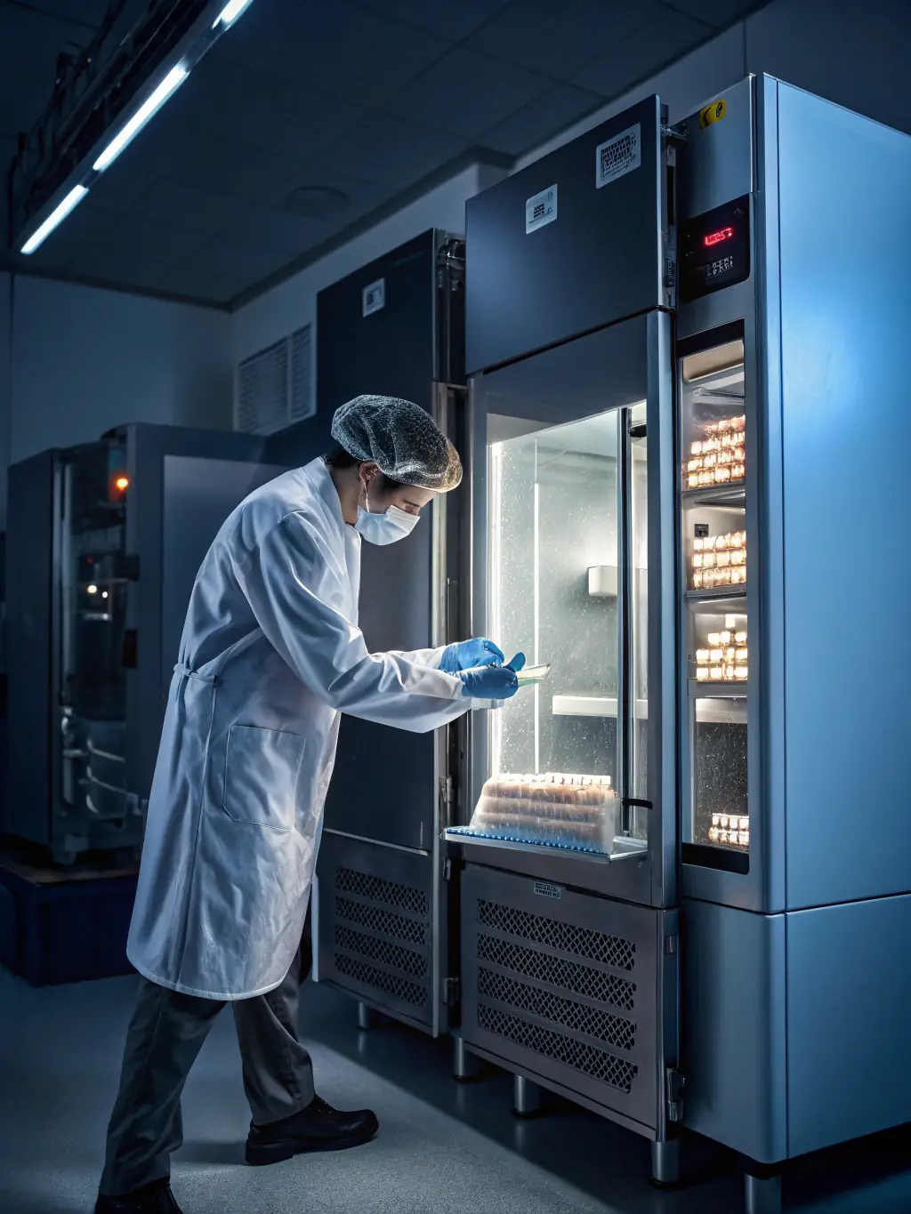A professionally lit laboratory setting with a scientist in a lab coat carefully examining frozen oocytes under a microscope, emphasizing the precision and care in the frozen egg program.